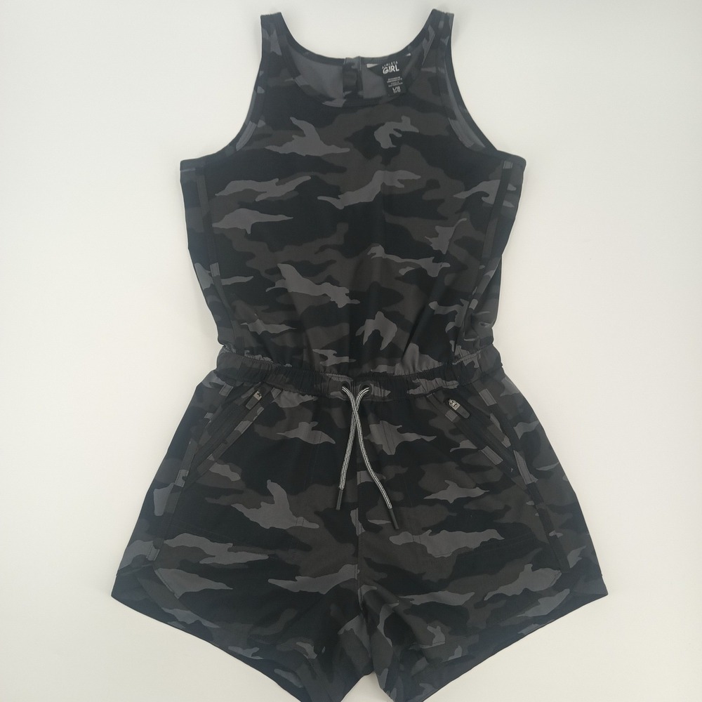 Athleta Girl Camo Romper Sleeveless Black Gray Drawstring Pockets Size L 12